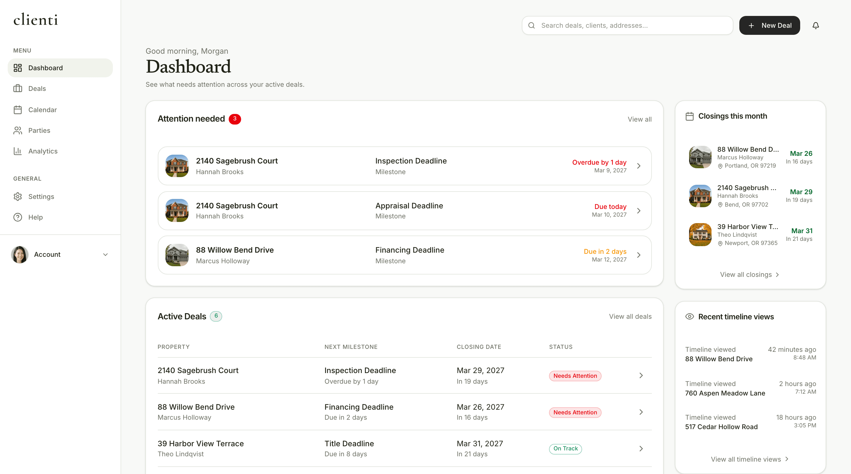 Clienti dashboard showing active real estate deals, milestones, and upcoming closings